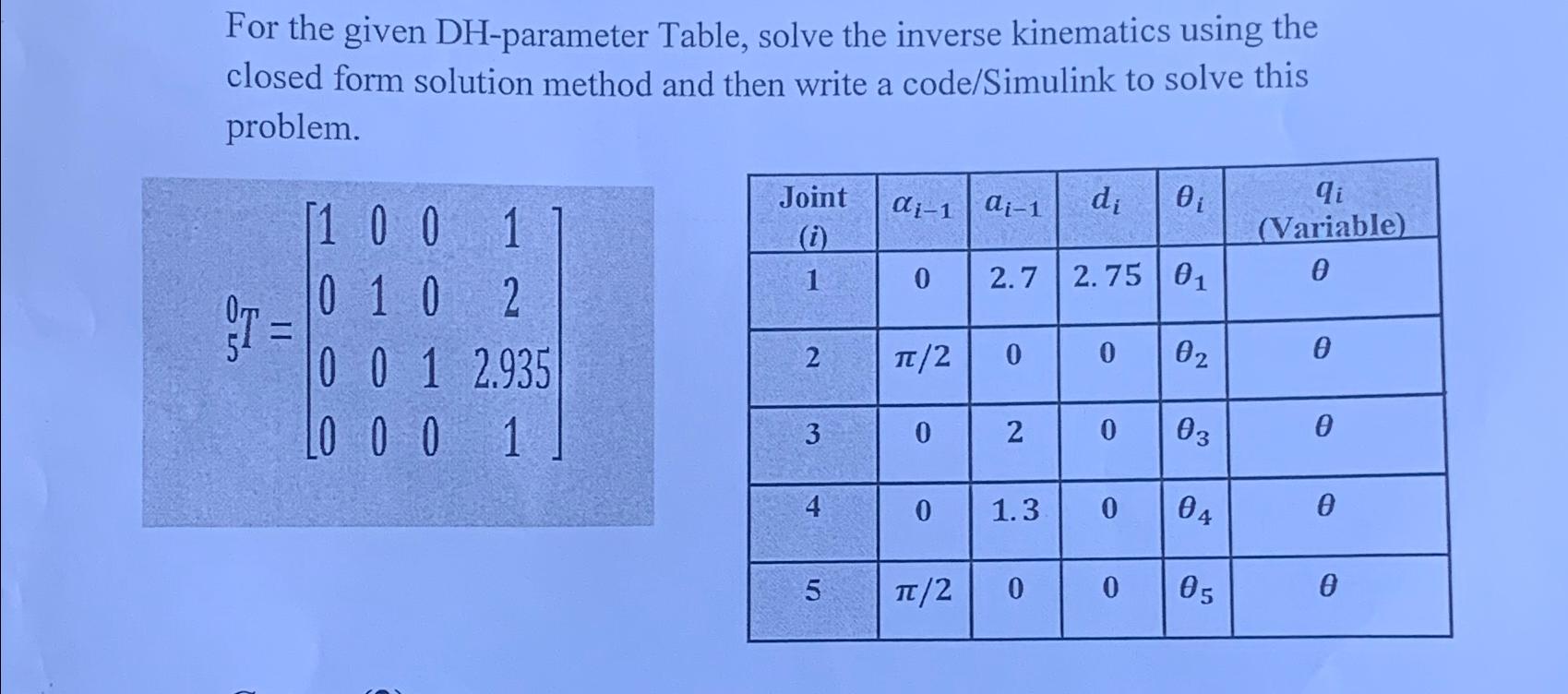  For the given DH-parameter Table, solve the inverse kinematics using the
