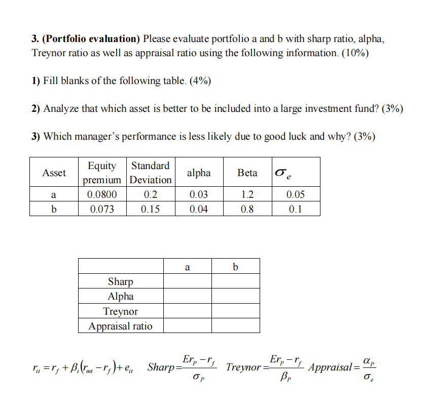  3. (Portfolio evaluation) Please evaluate portfolio a and b with sharp