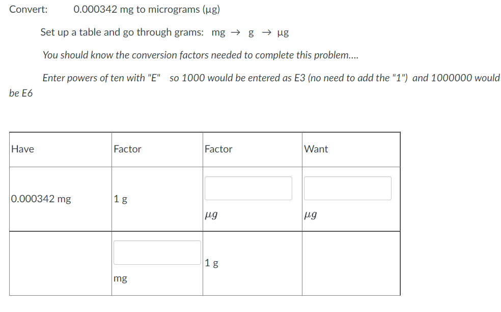  Convert: 0.000342 mg to micrograms (ug) Set up a table and