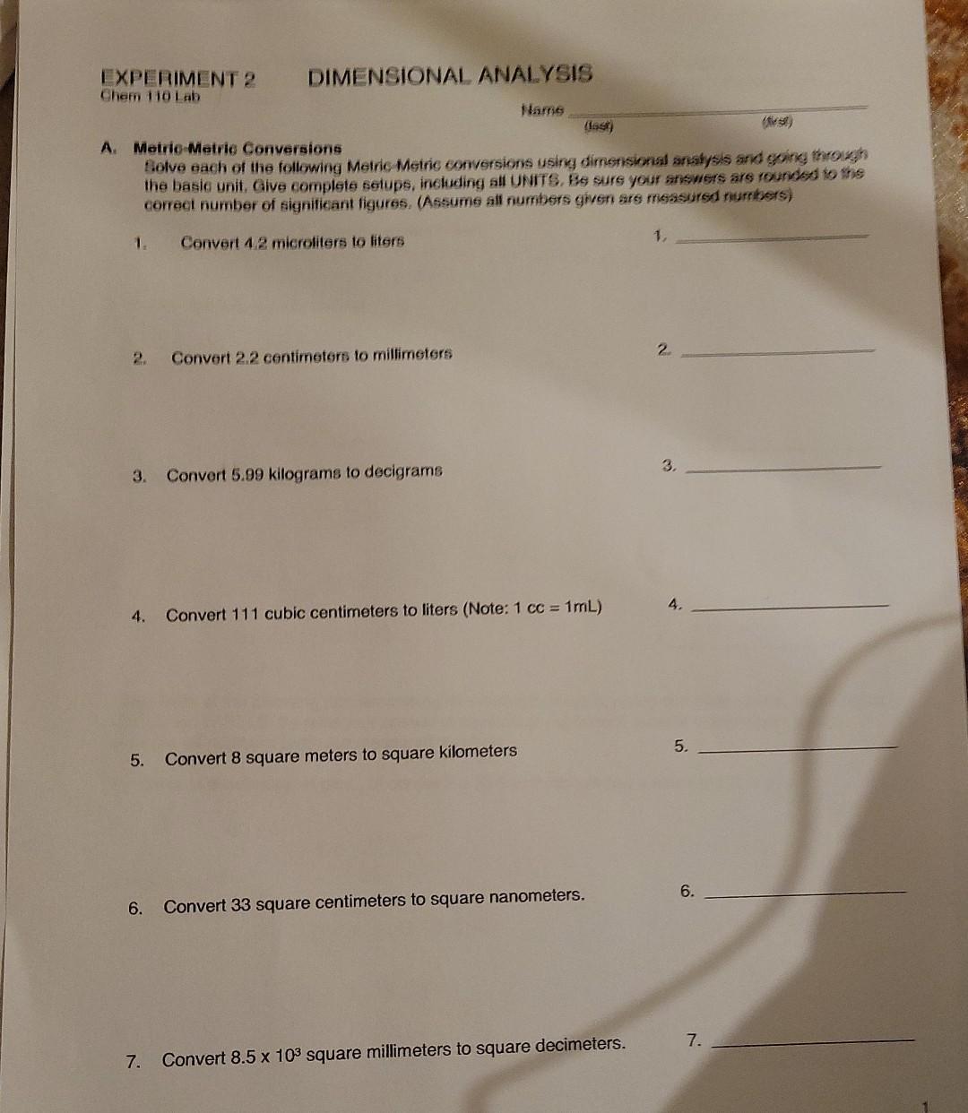  how I do this exercises EXPERIMENT 2 Cham 110 Lab DIMENSIONAL