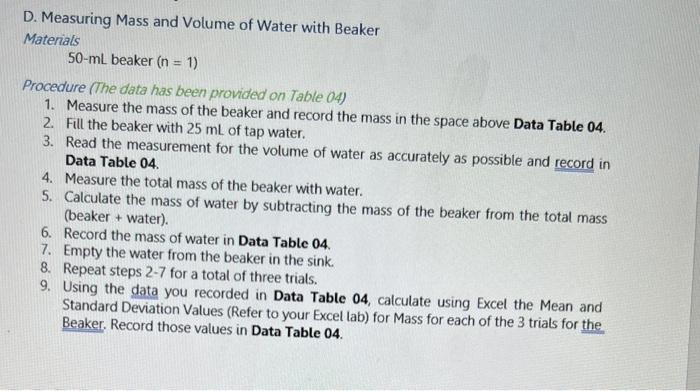 data table 04 data table 05 D. Measuring Mass and Volume