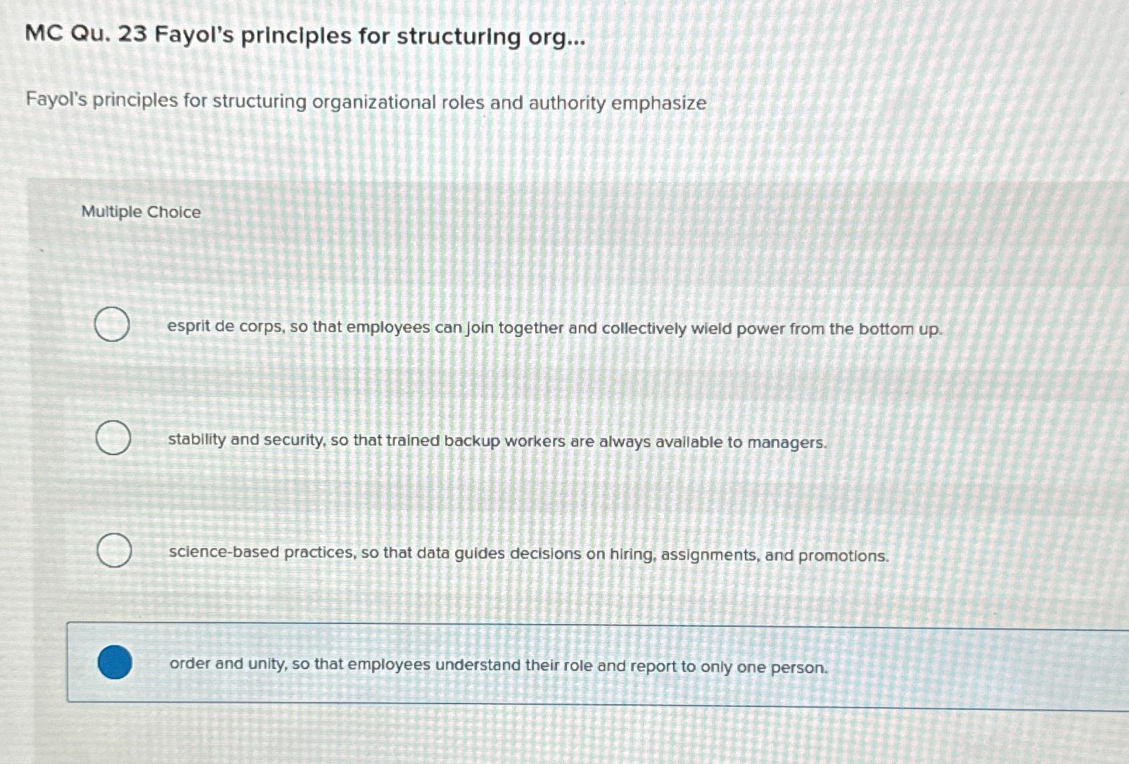  MC Qu.23 Fayol's principles for structuring org... Fayol's principles for structuring
