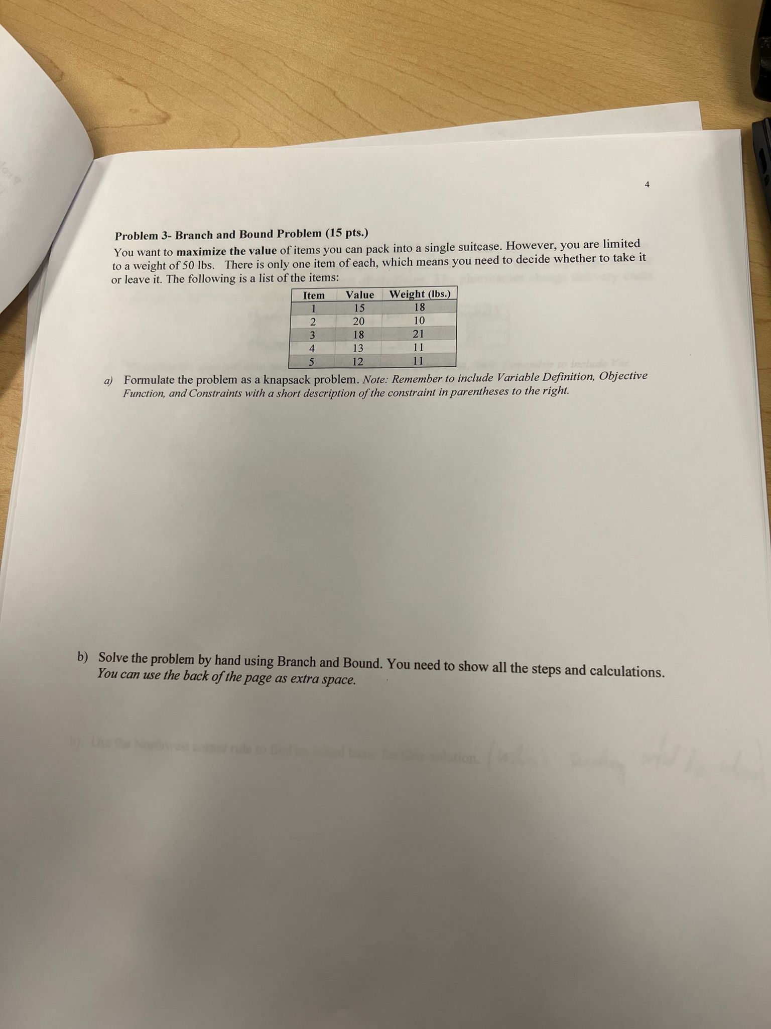  Problem 3- Branch and Bound Problem (15 pts.) You want to