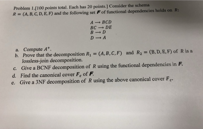  Problem 1.[100 points total. Each has 20 points.] Consider the schema