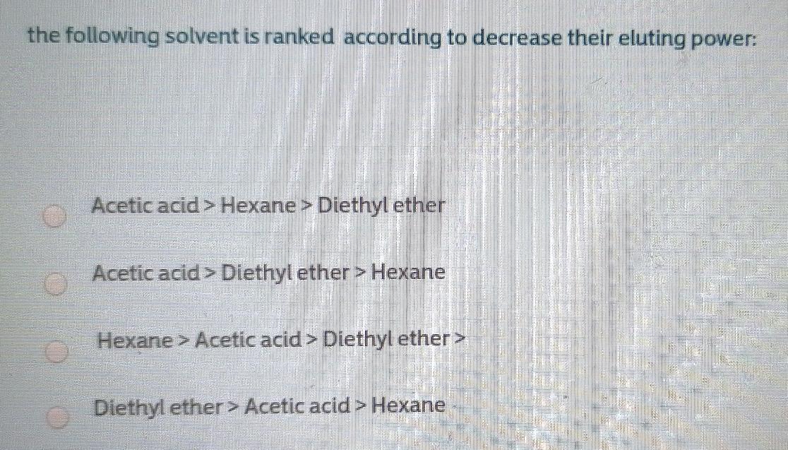  the following solvent is ranked according to decrease their eluting power: