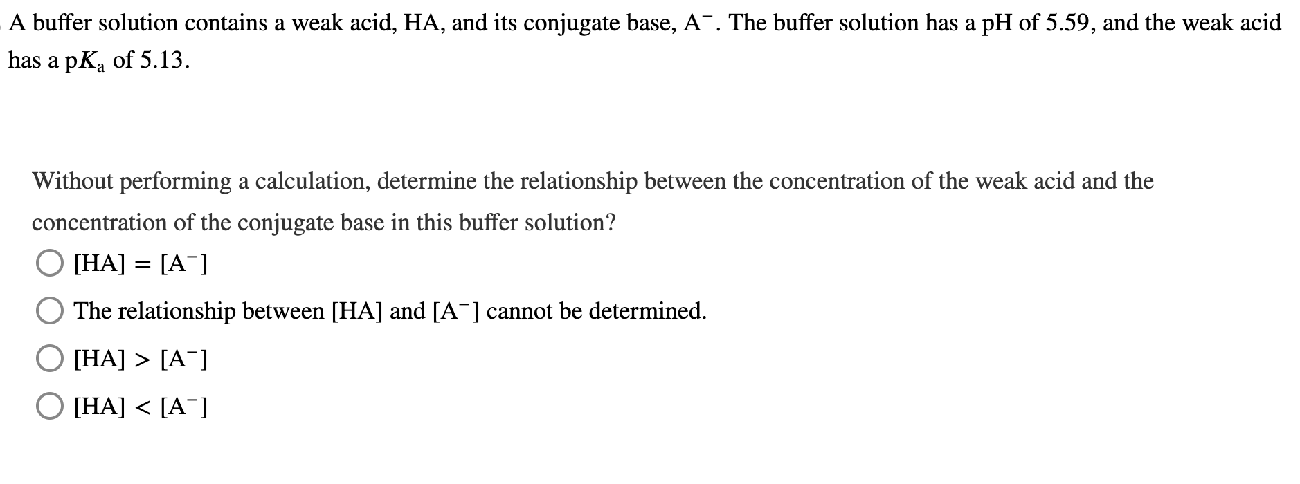 A buffer solution contains a weak acid, HA, and its conjugate