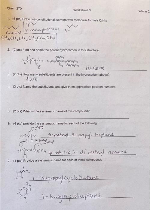 I need help with #4 and #9 please. Chem 270 Worksheet 3