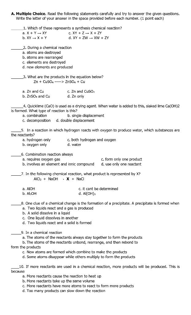 A. Multiple Choice. Read the following statements carefully and try to