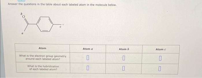  Answer the questions in the table about each labeled atom in