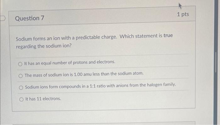 please help asap Sodium forms an ion with a predictable charge. Which