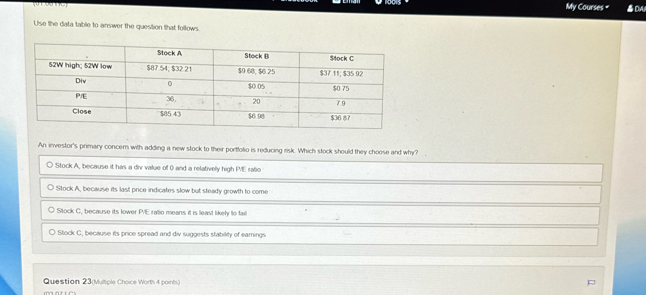  My Courses . & DA Use the data table to answer