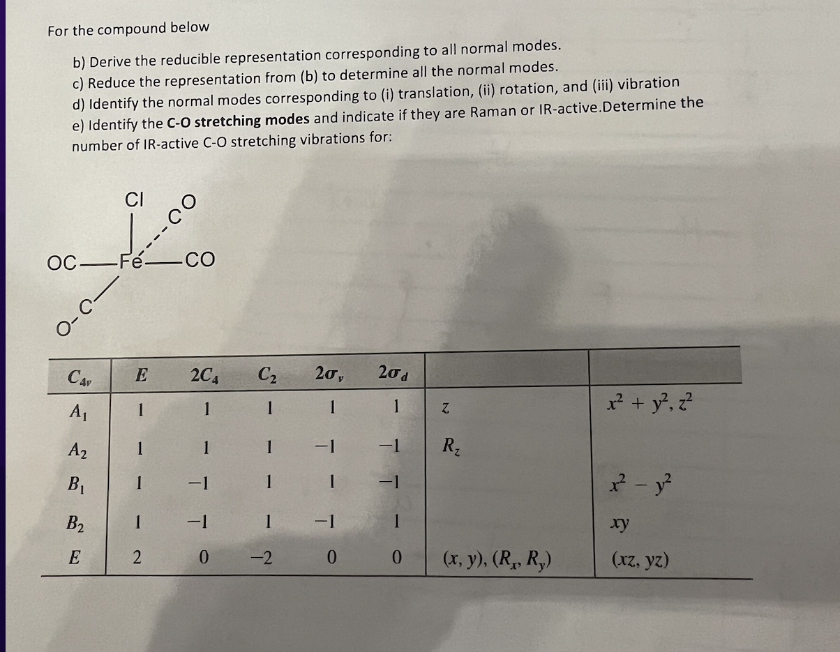  For the compound below b) Derive the reducible representation corresponding to