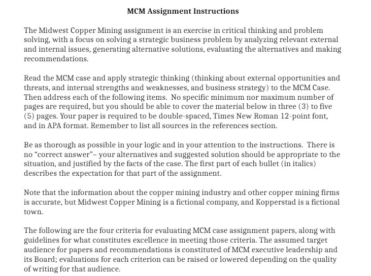  MCM Assignment Instructions The Midwest Copper Mining assignment is an exercise