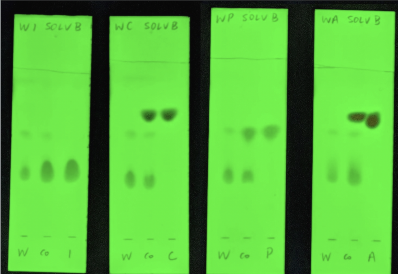  >Unknown W was analyzed against four reference compounds using solvent system