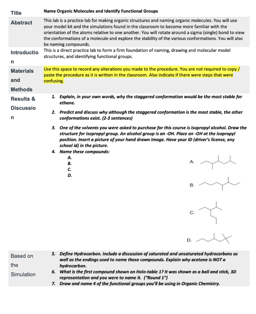 Title Abstract Name Organic Molecules and Identify Functional Groups This lab