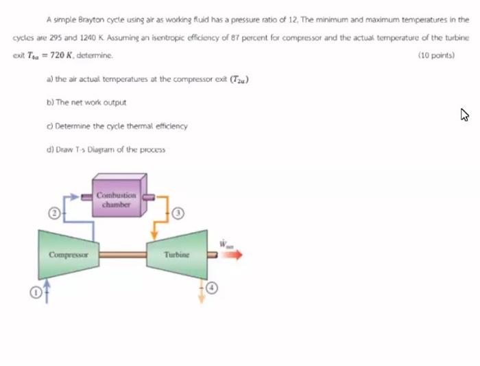  A simple Brayton cycle using air as working fluid has a