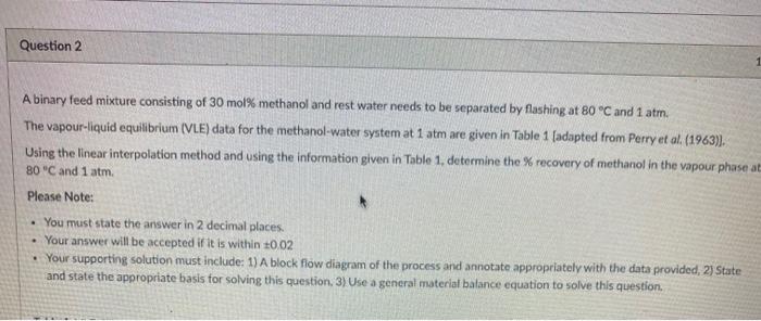  Question 2 A binary feed mixture consisting of 30 mol% methanol