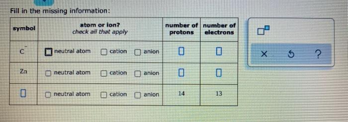  Fill in the missing information: symbol atom or ion? check all