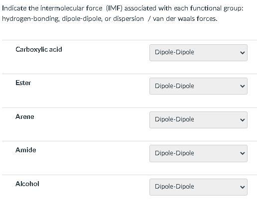 Options: Dipole-Dipole, Dispersion, Hydrogen-Bonding Indicate the intermolecular force (IMF) associated with
