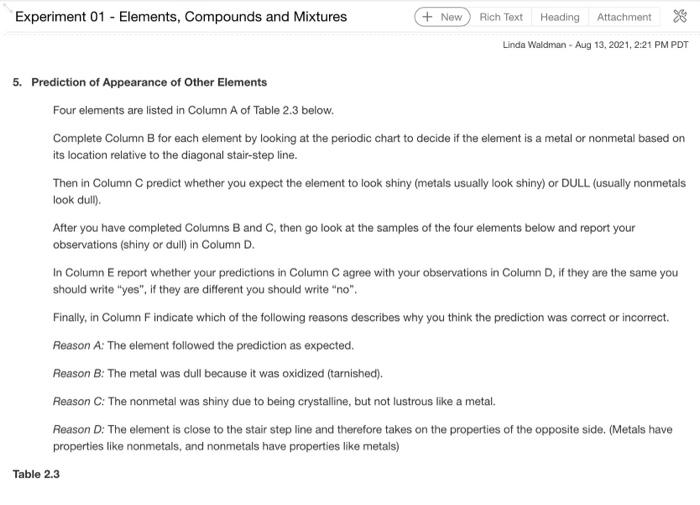  Experiment 01 - Elements, Compounds and Mixtures + New Rich Text