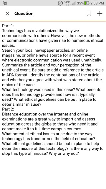 %| | | 35%E) 2:08 PM X Question Part 1 Technology