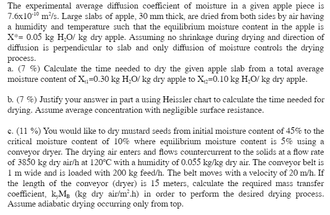  The experimental average diffusion coefficient of moisture in a given apple