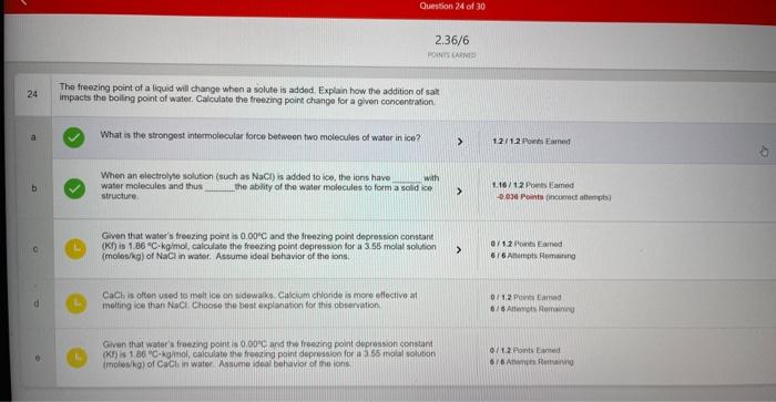  Question 24 of 30 2.36/6 24 The freezing point of a