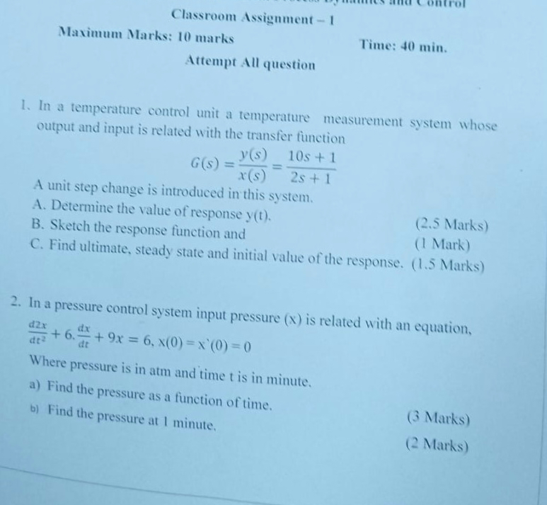  Classroom Assignment -1 Maximum Marks: 10 marks Time: 40min. Attempt All