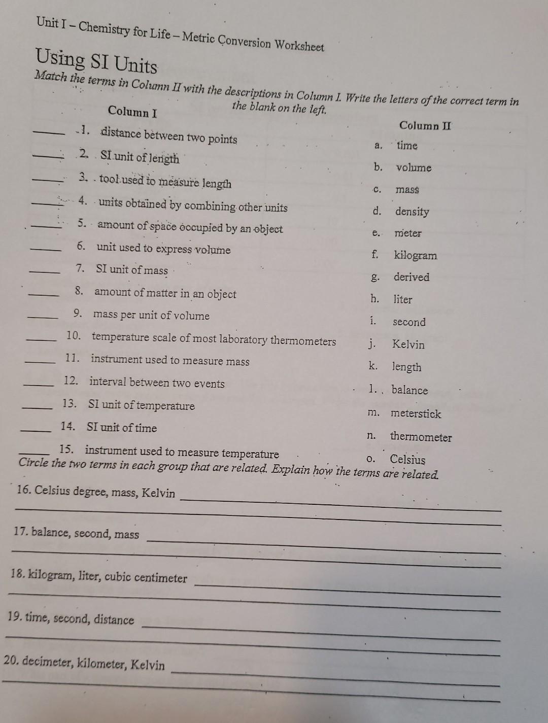 Unit I - Chemistry for Life - Metric Conversion Worksheet Using