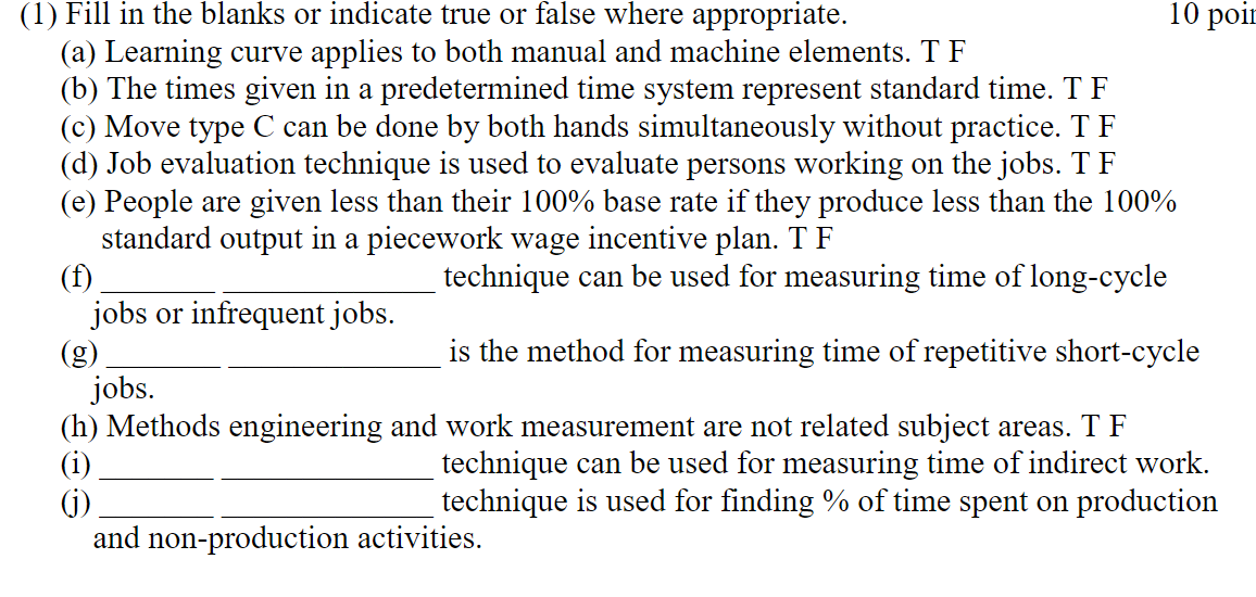  (1) Fill in the blanks or indicate true or false where