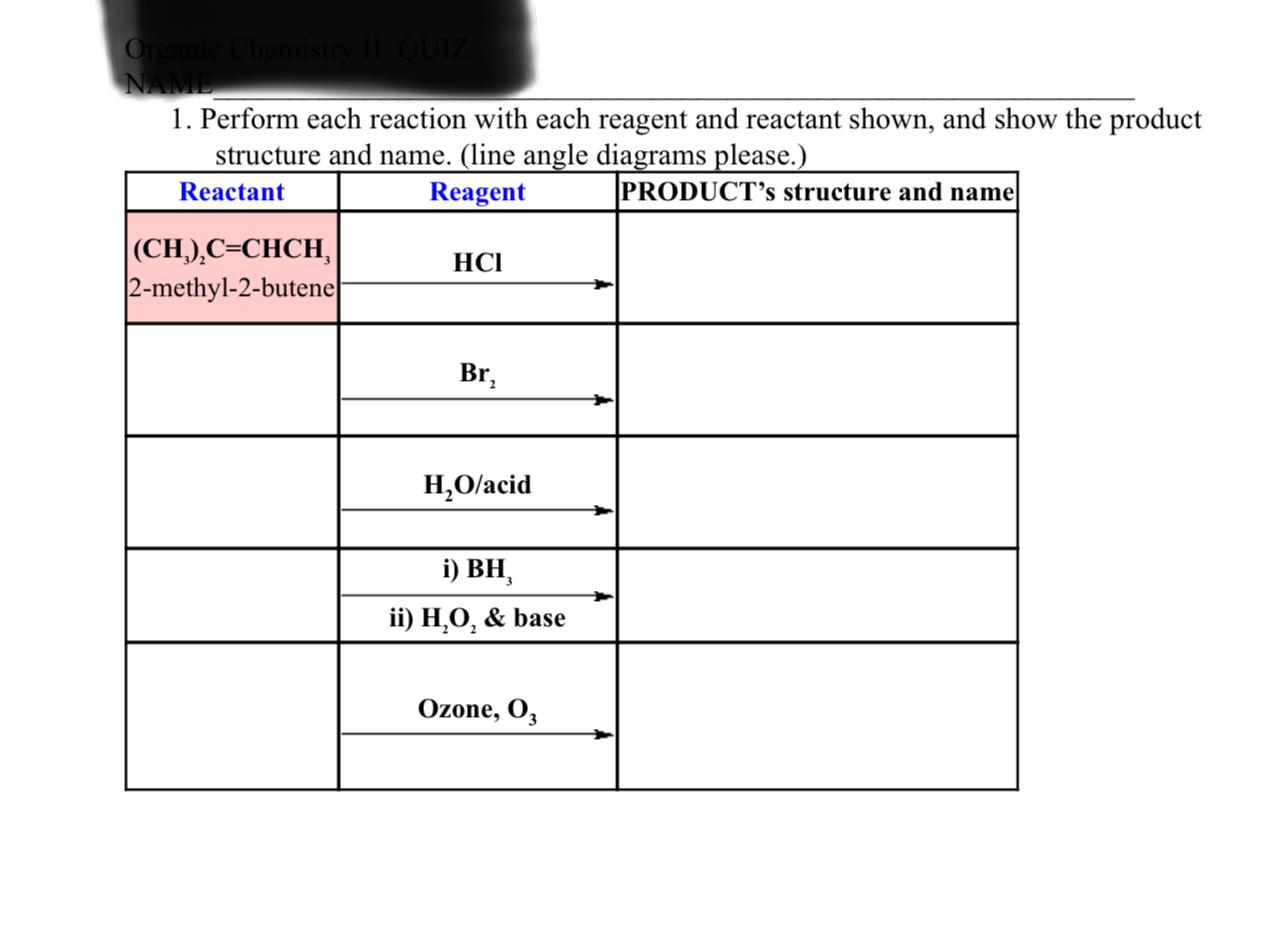  Perform each reaction with each reagent and reactant shown, and show