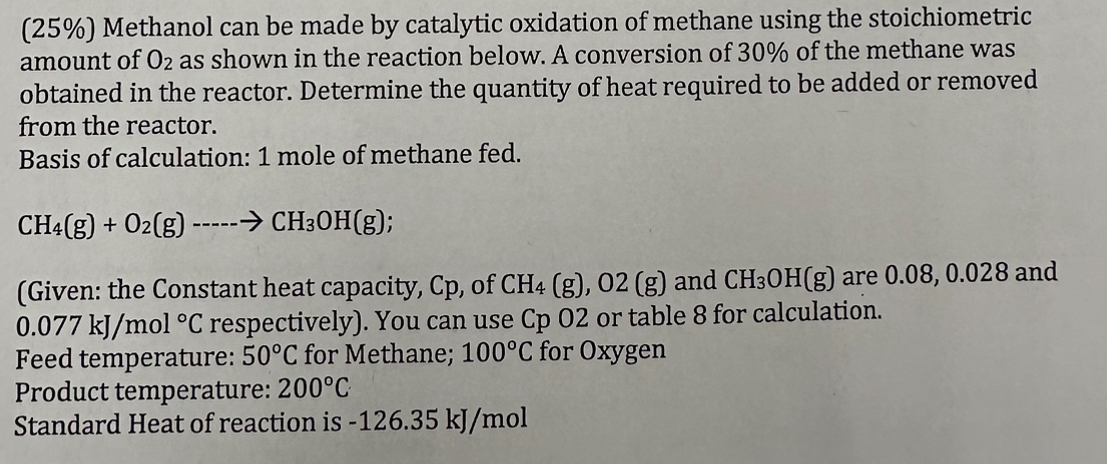  (25%) Methanol can be made by catalytic oxidation of methane using