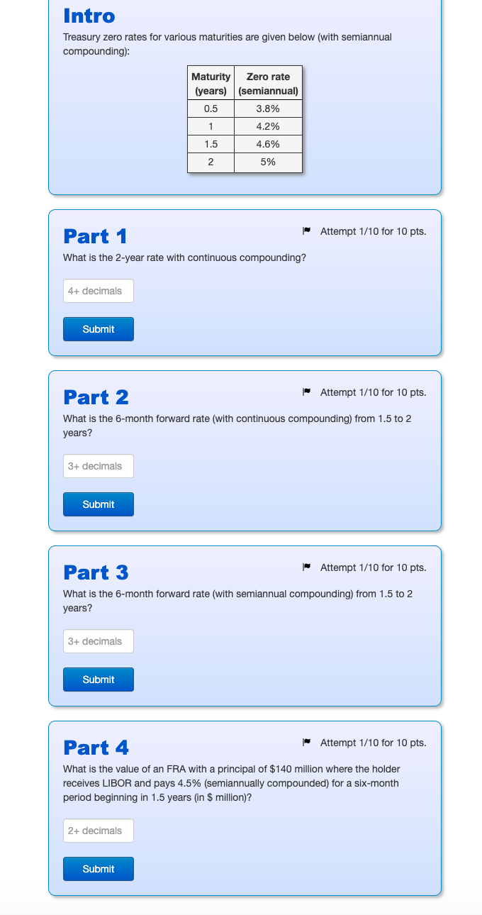  Intro Treasury zero rates for various maturities are given below (with