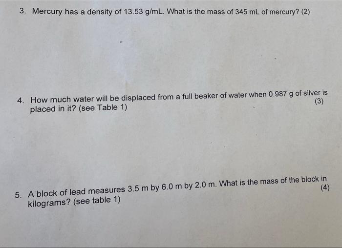 question 4 silver density is 10.49question 5 lead density is 11.35 please