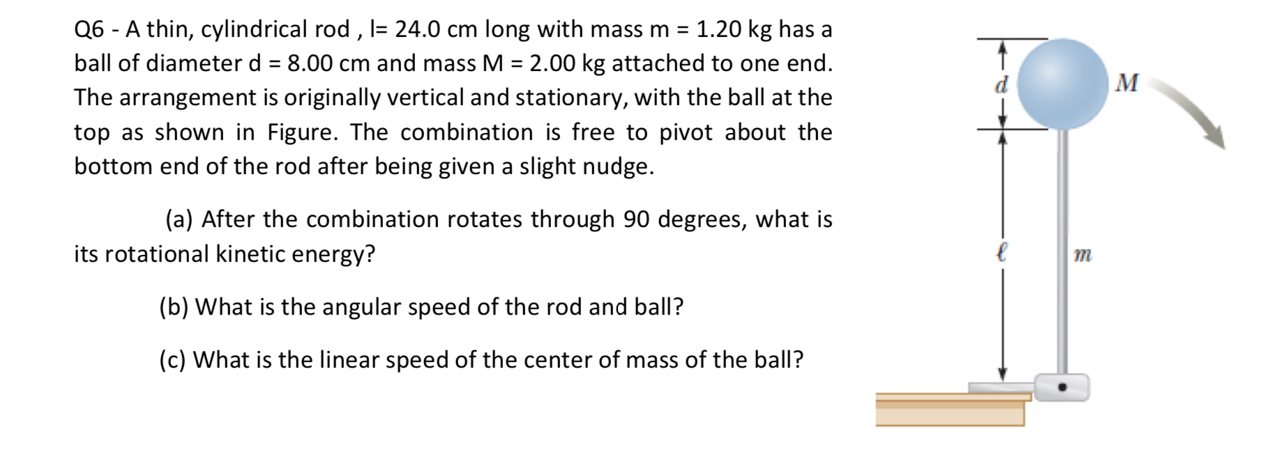  Q6- A thin, cylindrical rod ,l=24.0cm long with mass m=1.20kg has