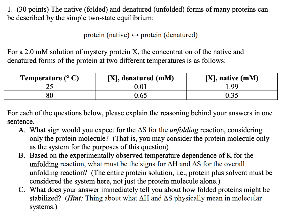 1. (30 points) The native (folded) and denatured (unfolded) forms of