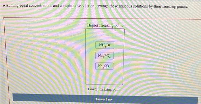 help!! Assuming equal concentrations and complete dissociation, arrange these aqueous solutions by