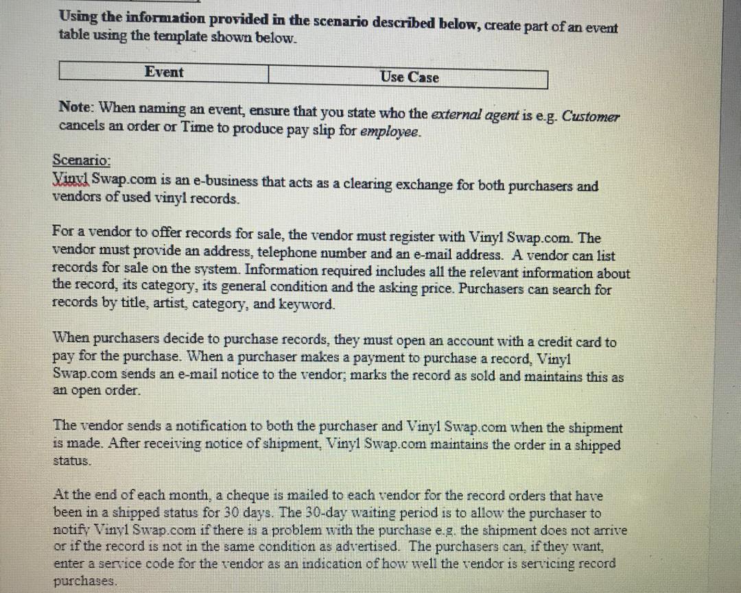 Using the information provided in the scenario described below, create part of