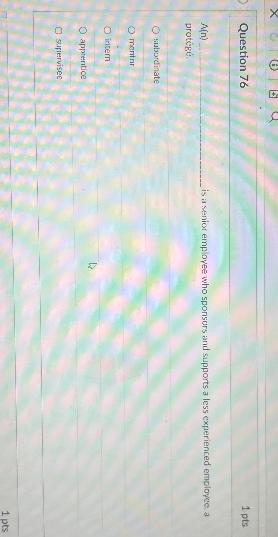  Question 76 1 pts A(n) is a senior employee who sponsors