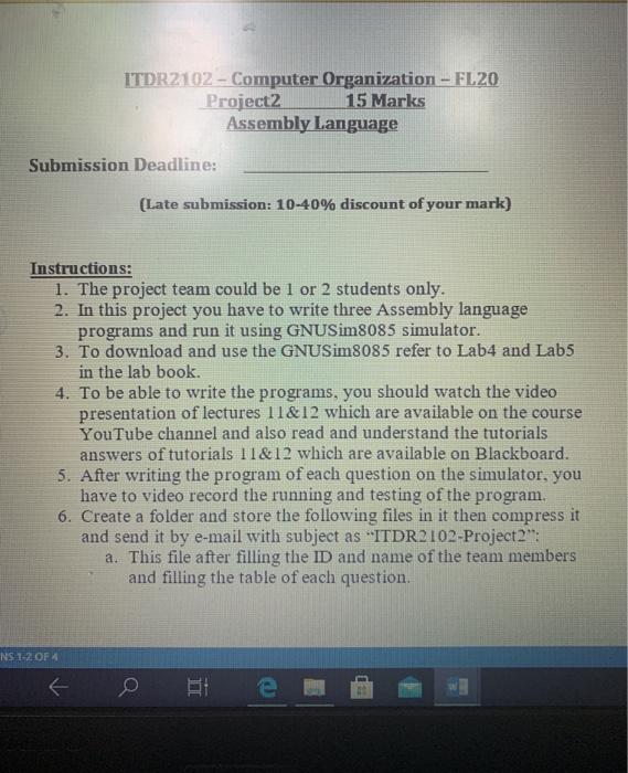  ITDR2102 - Computer Organization - FL20 Project2 15 Marks Assembly Language