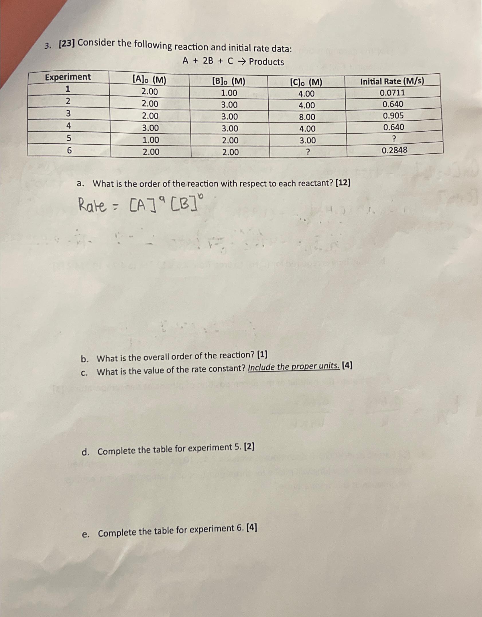  [23] Consider the following reaction and initial rate data: A+2B+C Products