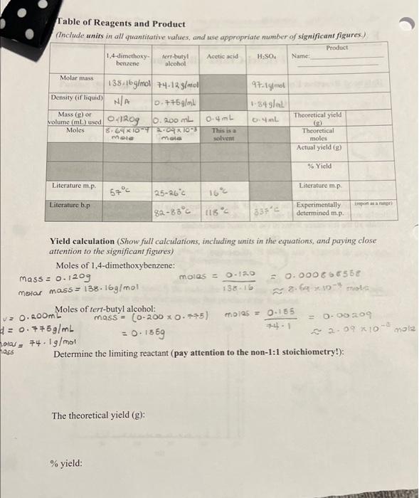 complete the chart and solve the last three questions Table of Reagents
