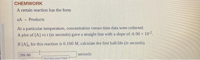  CHEMWORK A certain reaction has the form aA - Products At