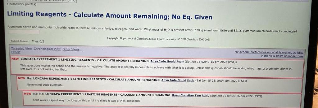 1 homework points) Limiting Reagents - Calculate Amount Remaining; No Eq.
