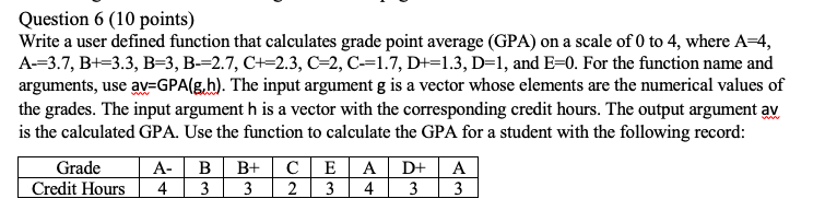  Need this in MATLAB Question 6 (10 points) Write a user