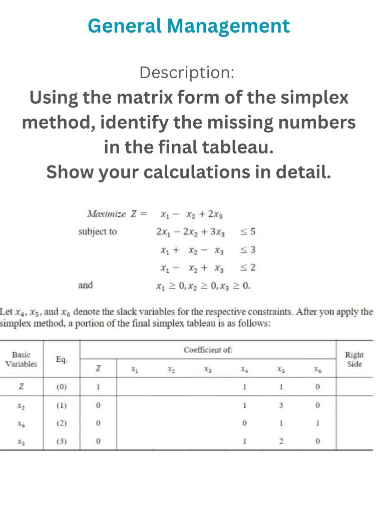  General Management Description: Using the matrix form of the simplex method,