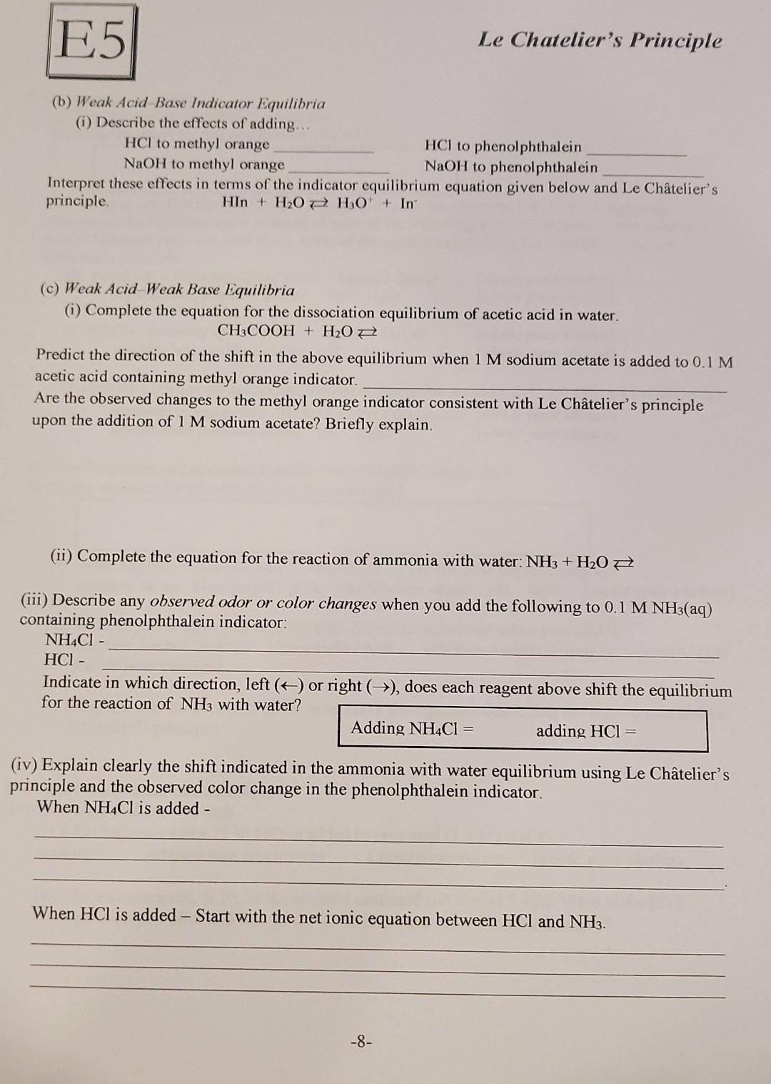 E5 Le Chatelier's Principle (b) Weak Acid Base Indicator Equilibria (i)