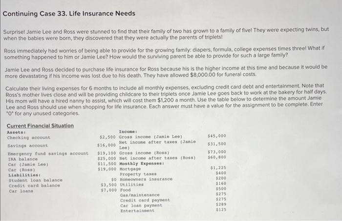  Continuing Case 33. Life Insurance Needs Surprisel Jamie Lee and Ross