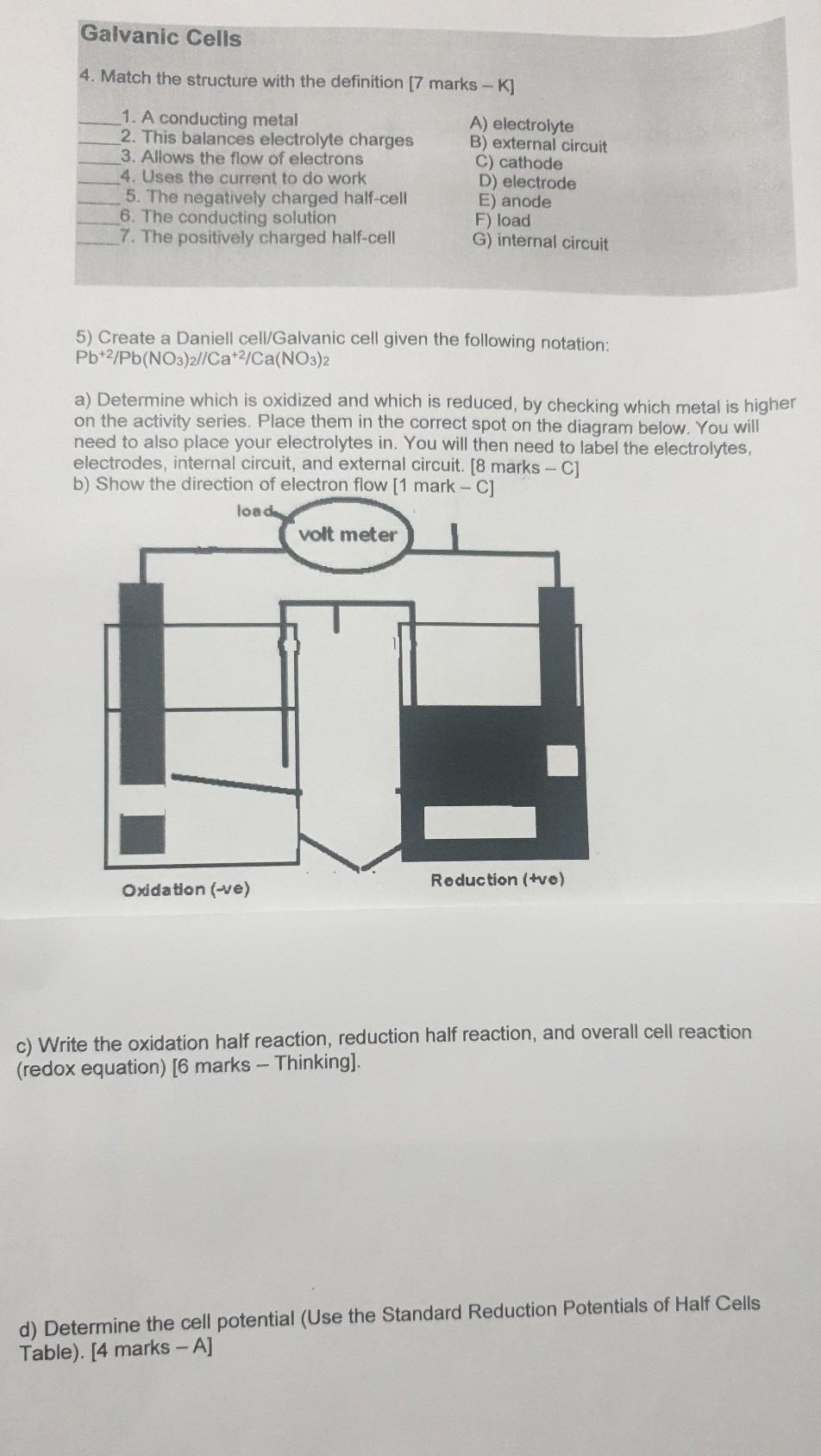  Galvanic Cells 4. Match the structure with the definition [7 marks-K]