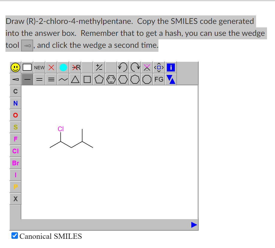 Draw (R)-2-chloro-4-methylpentane. Copy the SMILES code generated into the answer box. Remember